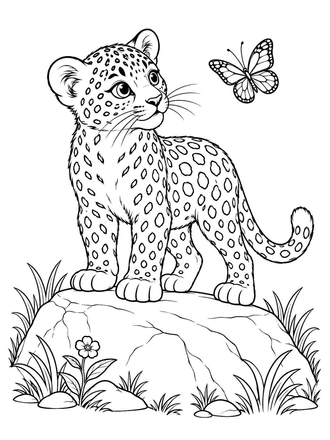 Spotted leopard cub standing on a broad boulder and looking toward a butterfly, with grasses and a small flower nearby.