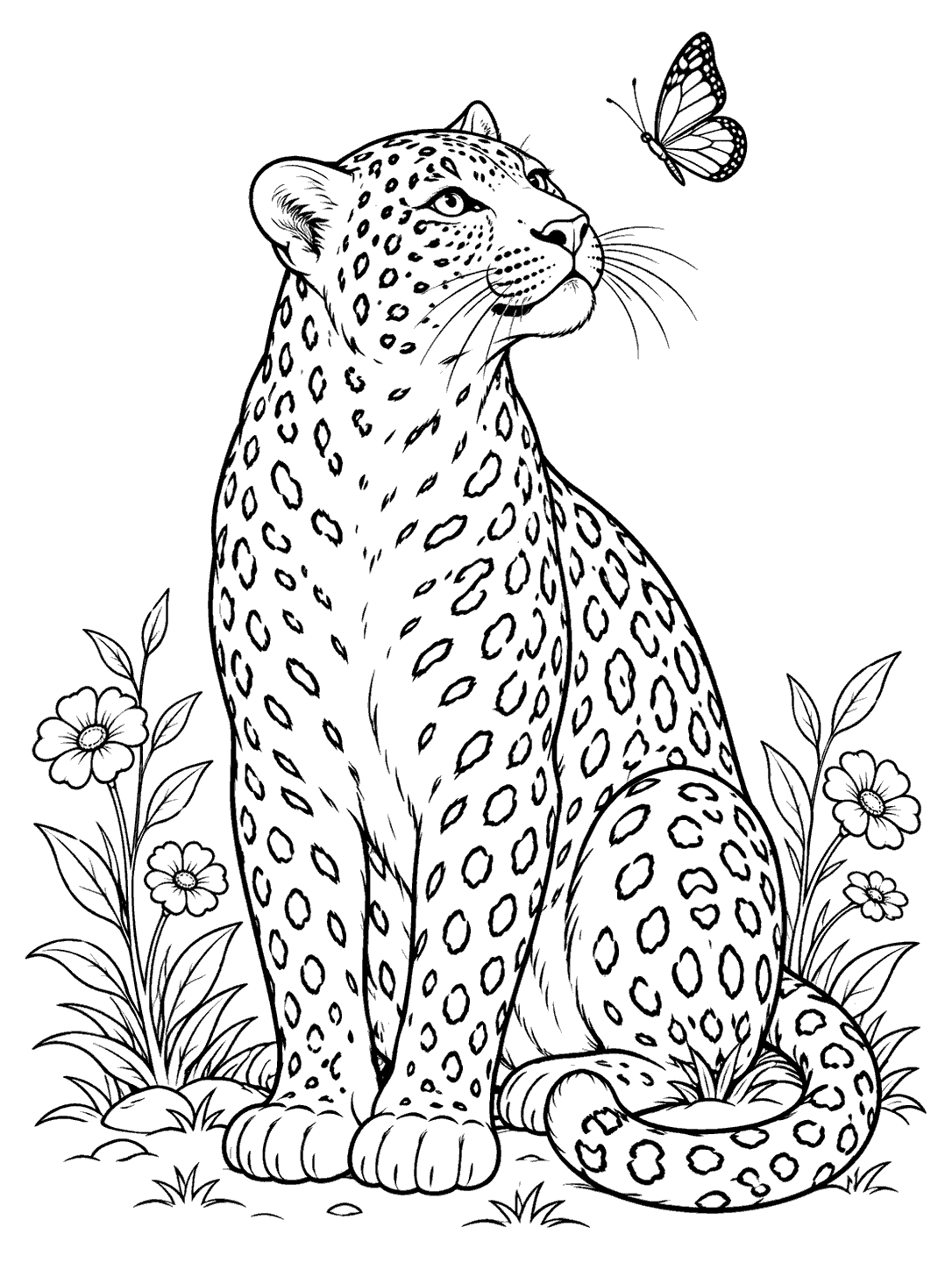 Seated leopard watching a butterfly