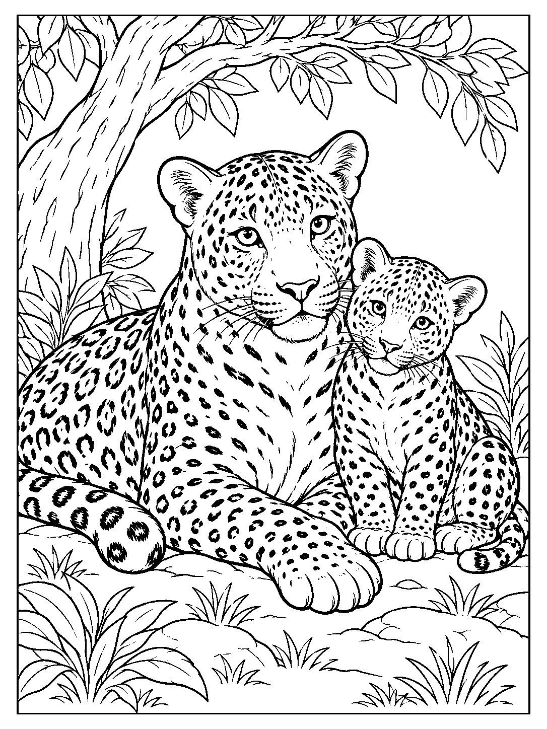 Black-and-white coloring page of an adult leopard lying beside a seated cub, framed by a tree canopy and ground plants.