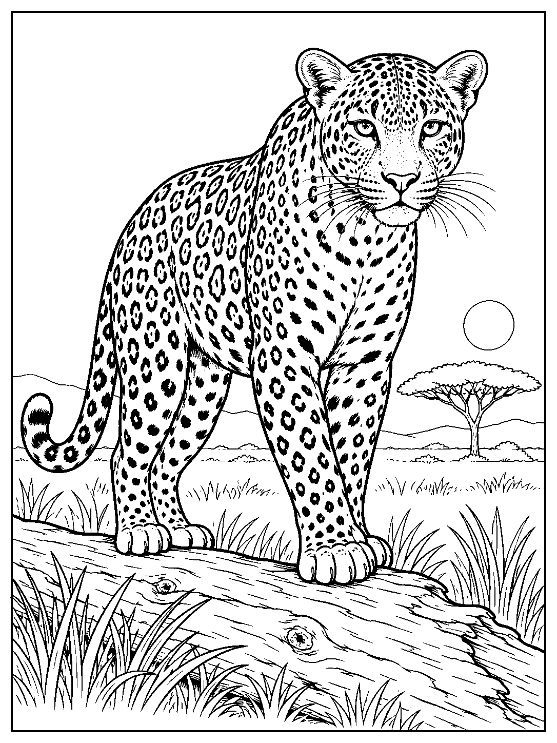 Leopard standing on a fallen savannah log, with an acacia tree and sun in the background.