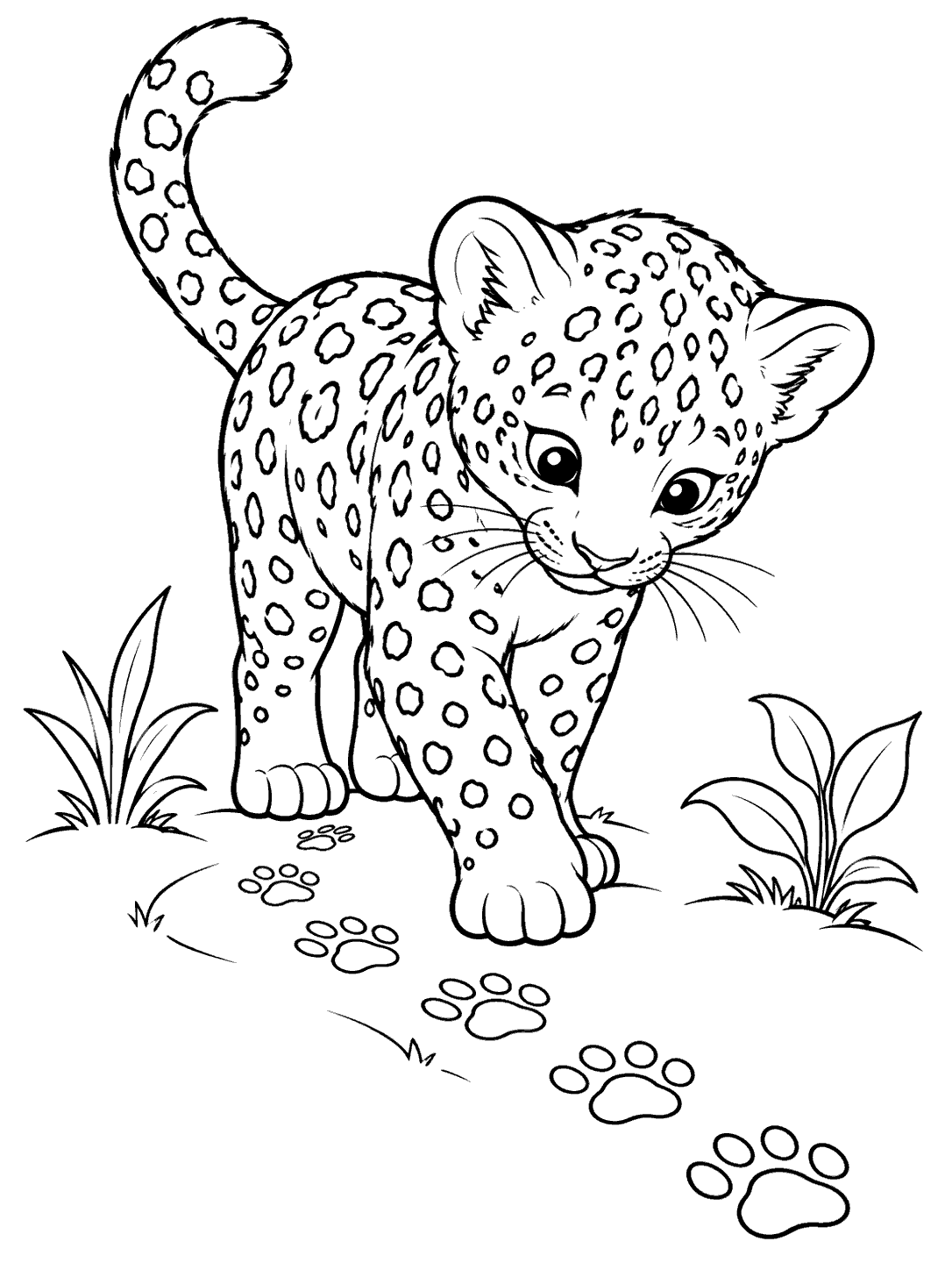 Spotted leopard cub looking down as it walks along a curved paw print trail, with its tail raised and two small plants nearby.