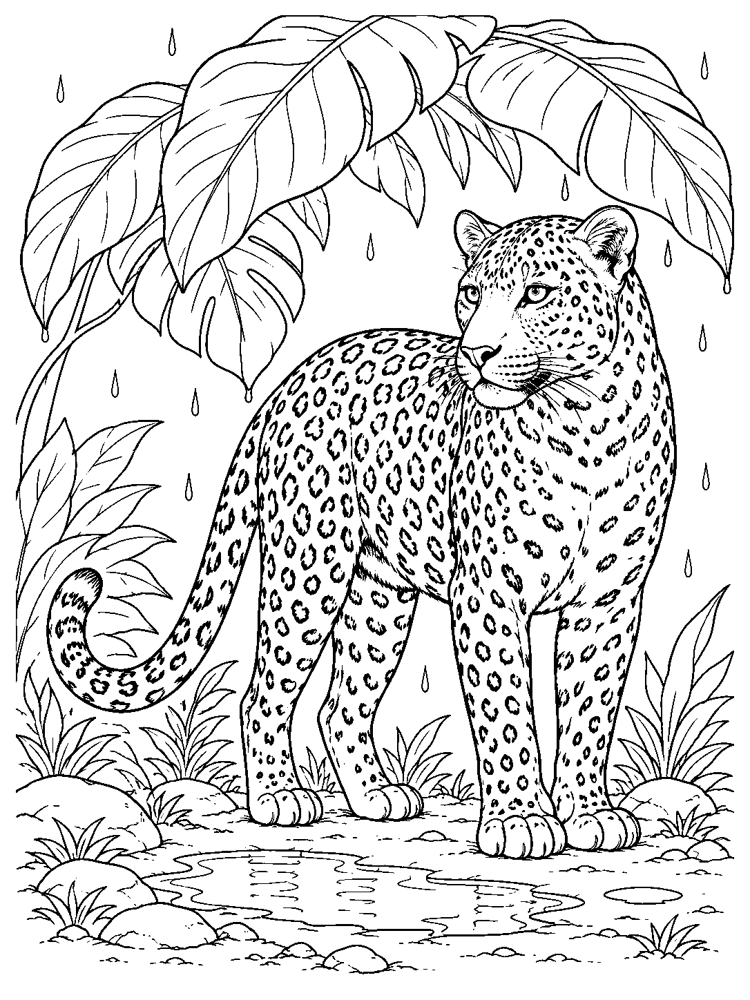 Full-grown leopard sheltered under broad tropical leaves as sparse raindrops fall, standing beside a puddle.