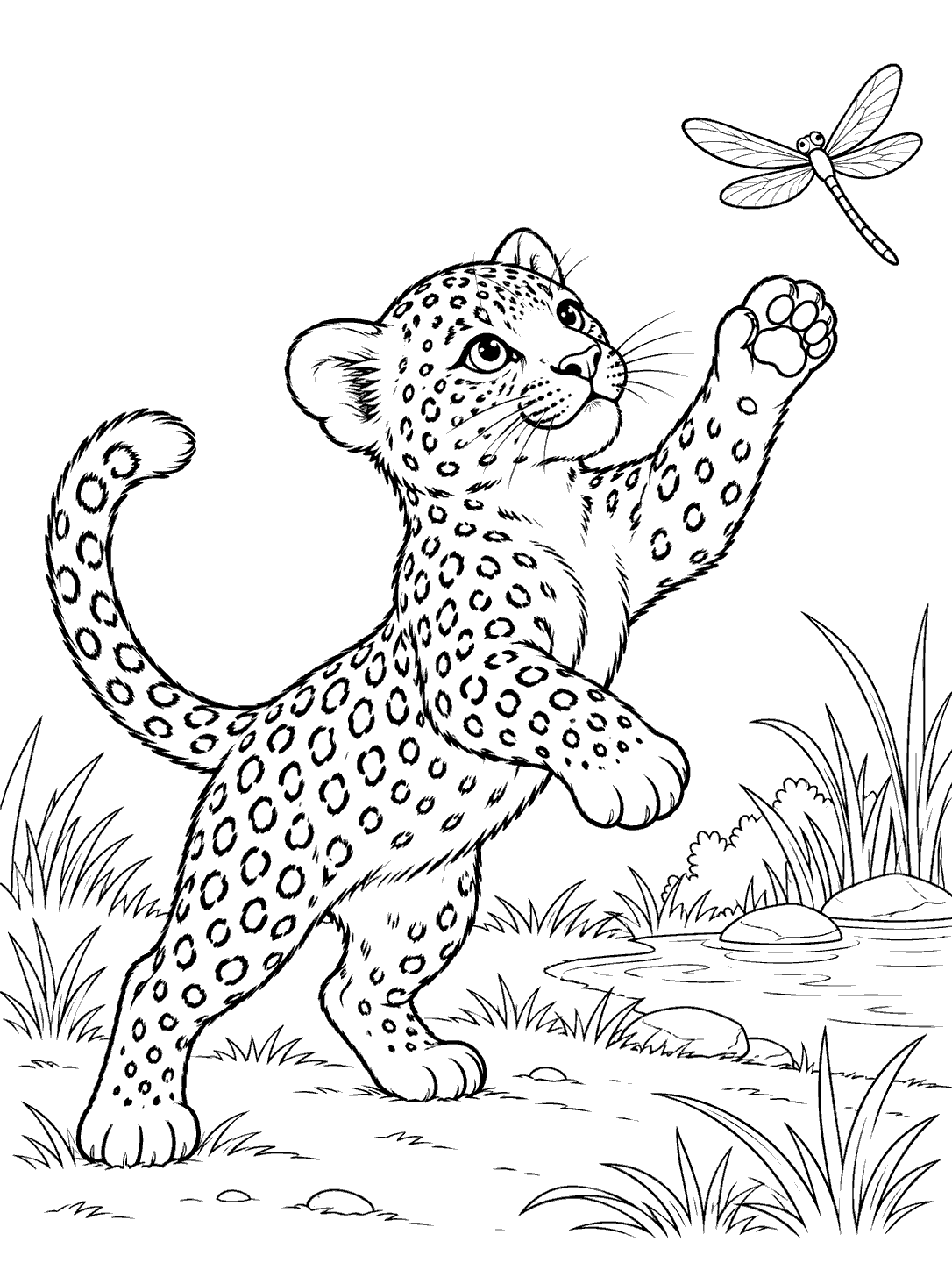Leopard cub reaching upward toward a dragonfly, with grass and a pond edge