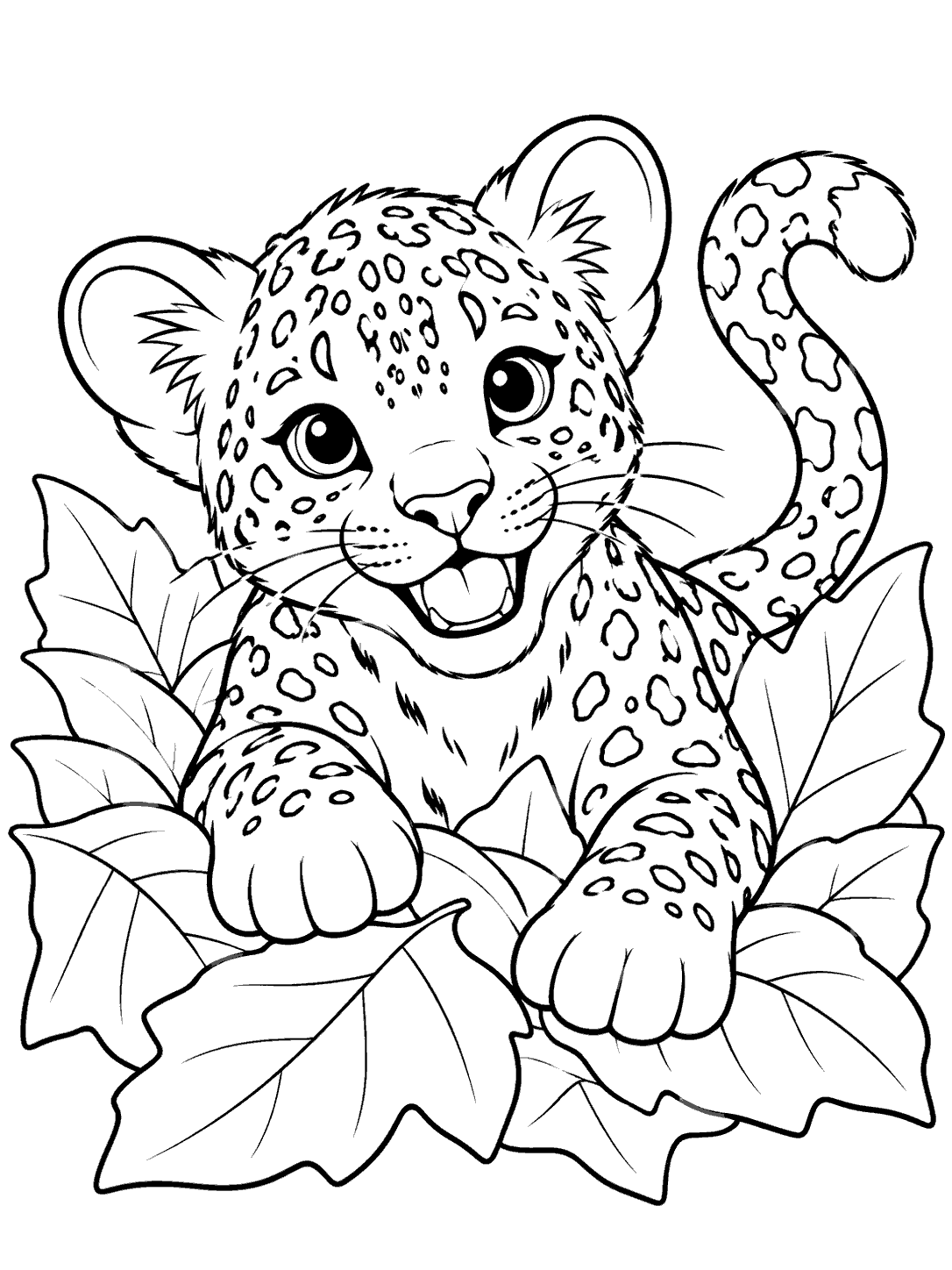 Playful spotted leopard cub emerging from broad leaves with both front paws visible and its tail curled beside it.