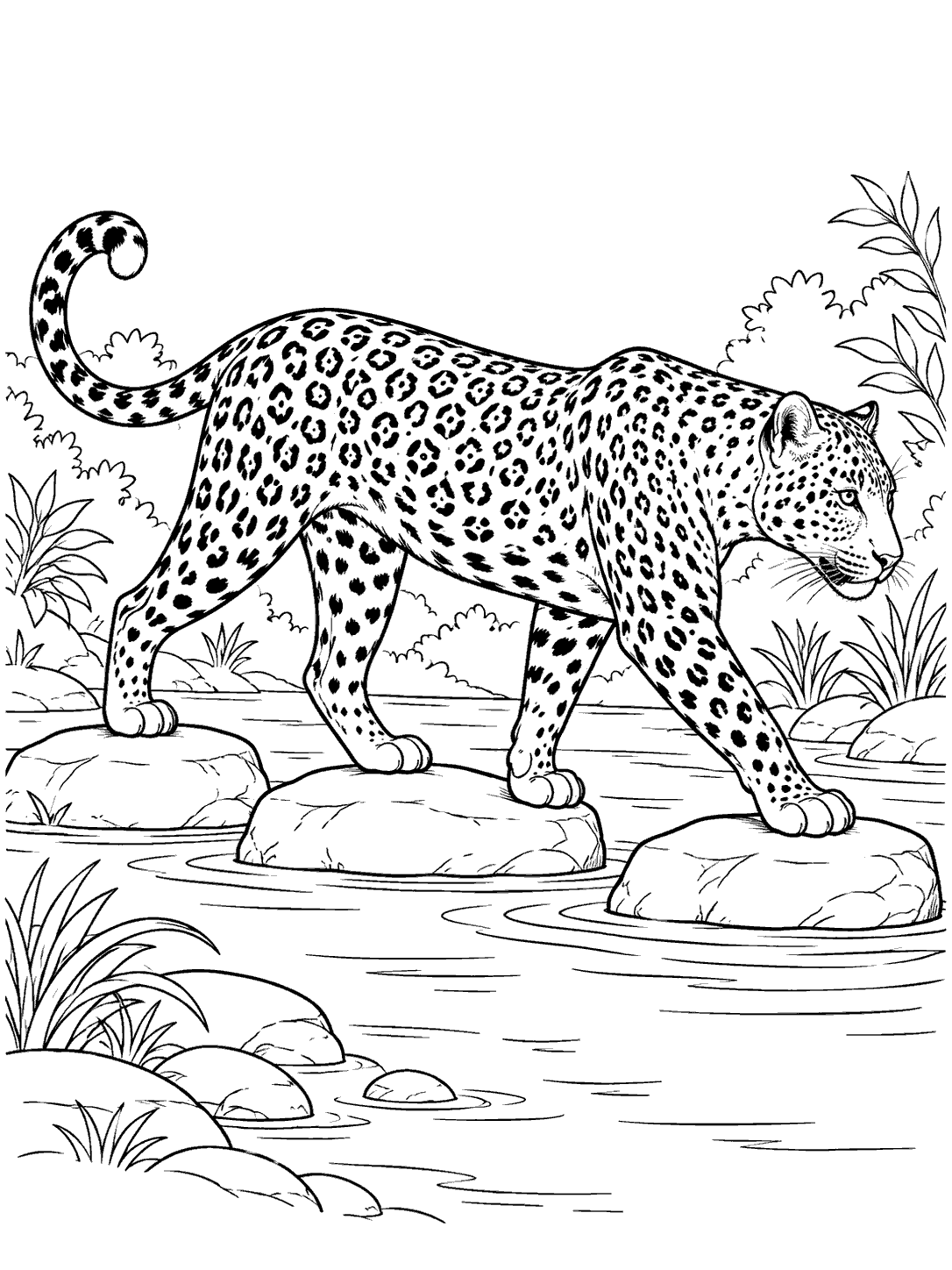 Profile view of a spotted leopard stepping across three broad stones in a shallow stream, with riverbank plants.