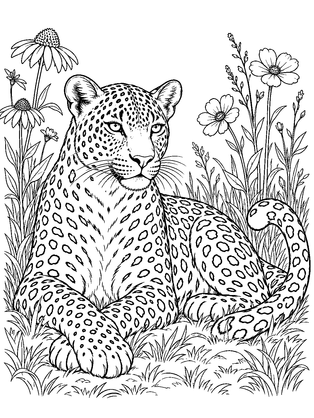 A spotted leopard reclines with its head raised and tail curved among wildflowers and meadow grass.