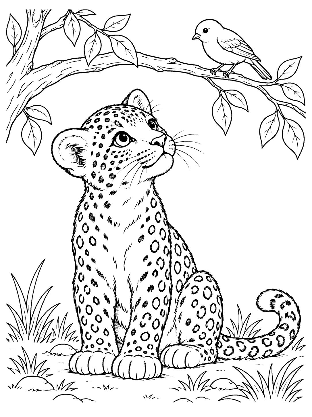 Spotted leopard cub sitting beneath a leafy branch and looking up at one bird perched above