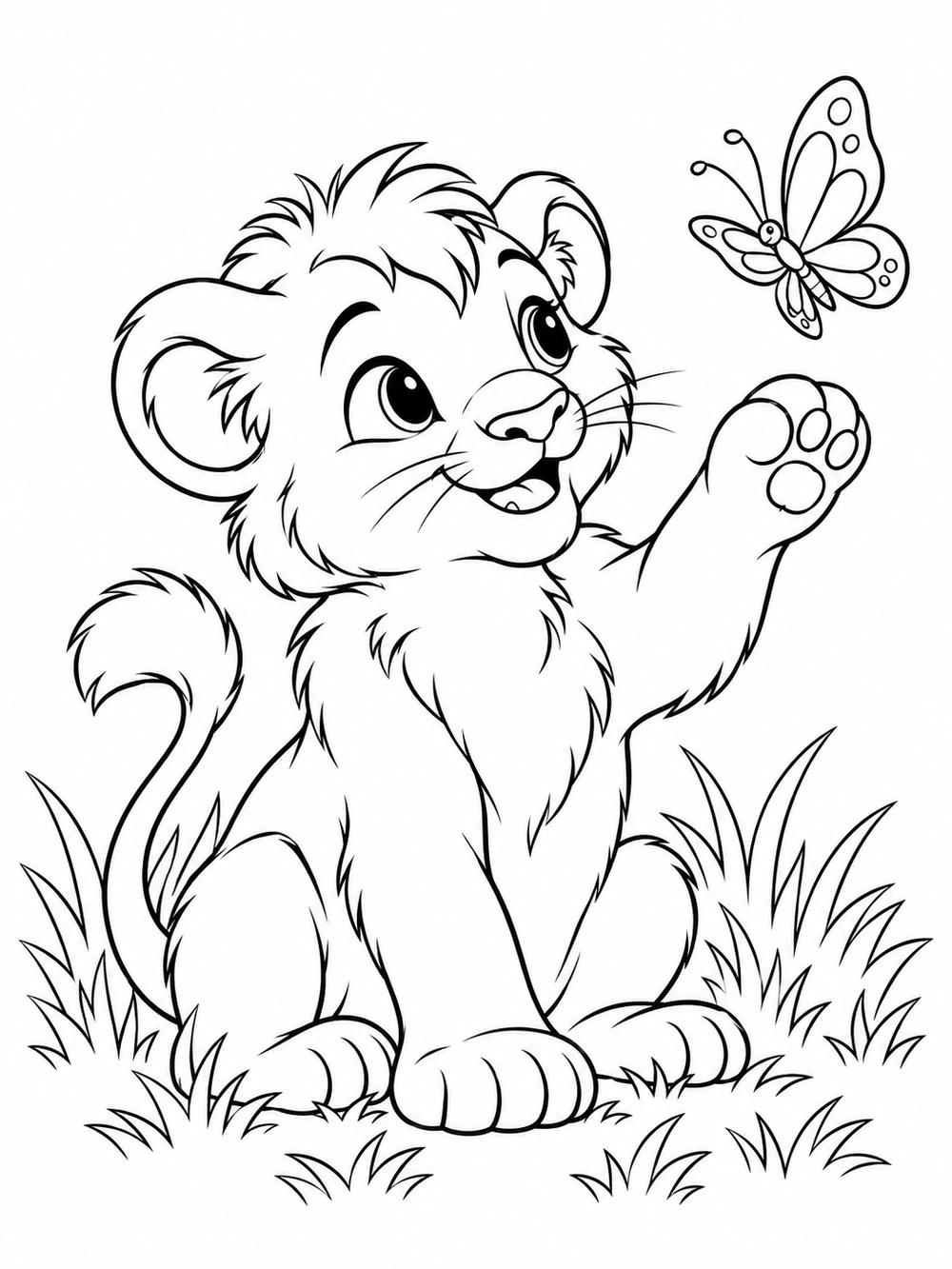 A smiling young lion cub sits in grass and reaches toward a butterfly.