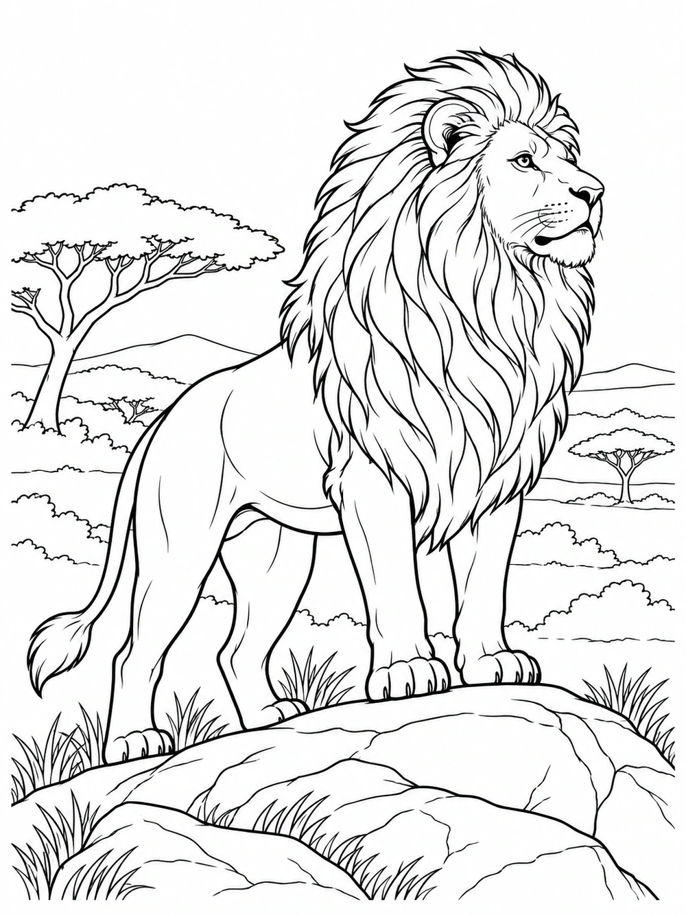 Majestic lion standing on a rocky savanna rise, with acacia trees in the distance