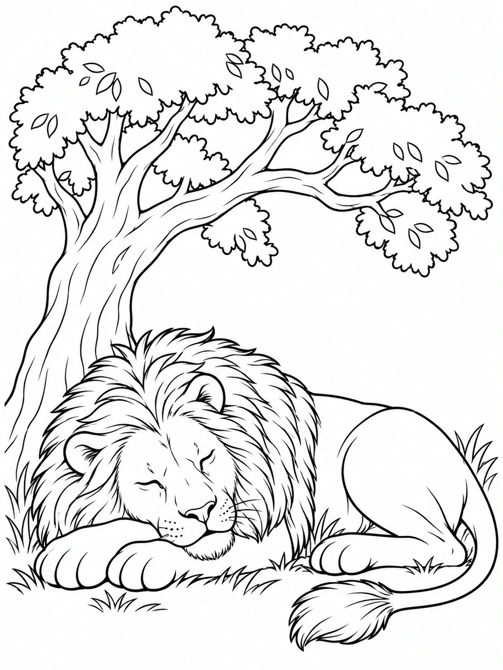 A full-grown lion curled asleep beneath a spreading tree with leafy branches.