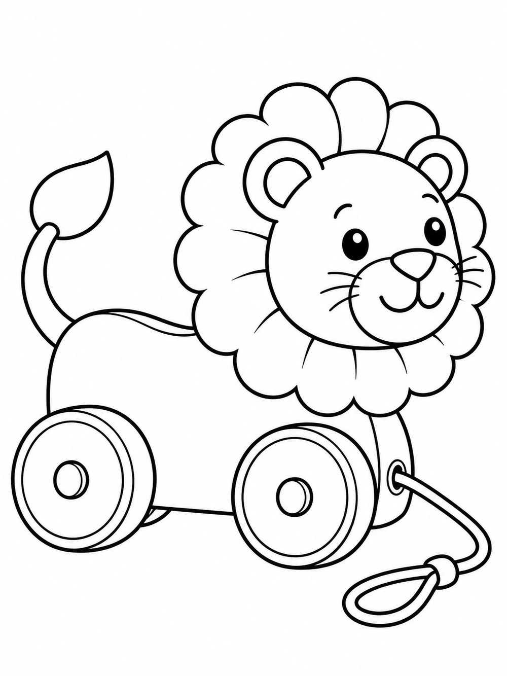 Lion pull-along toy in side view with a scalloped mane, two wheels and a looped pull cord