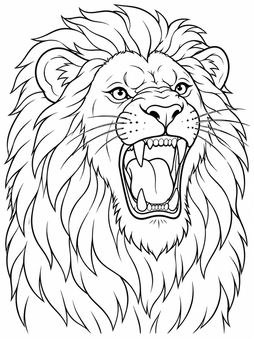 Black-and-white line art of a roaring lion with an open mouth, prominent teeth, expressive eyes, and a layered mane.