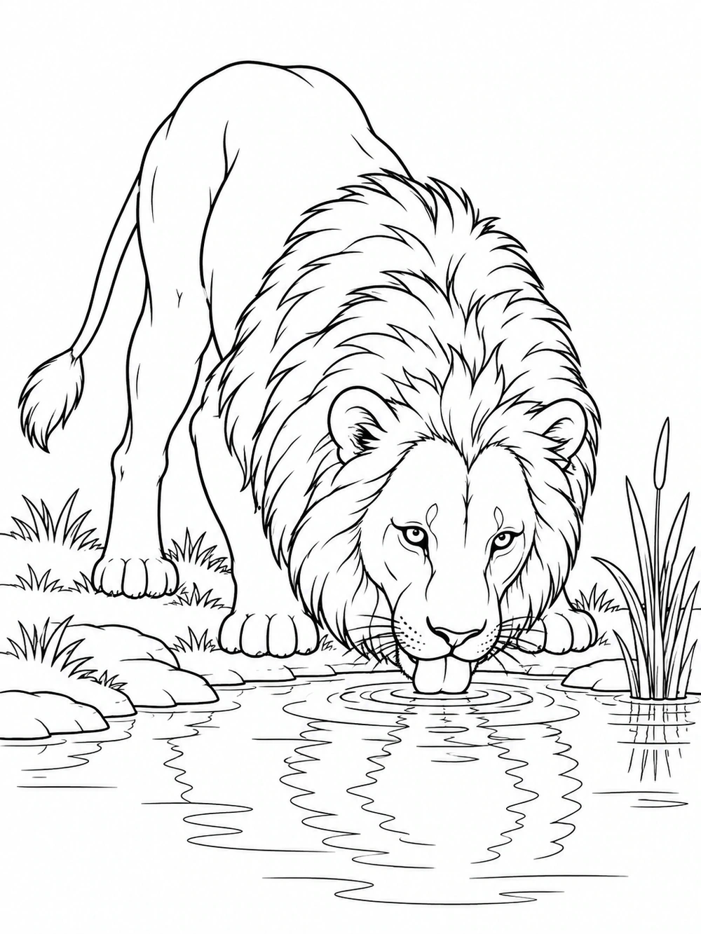 A lion drinks from a rippling waterhole beside a grassy bank and reeds.