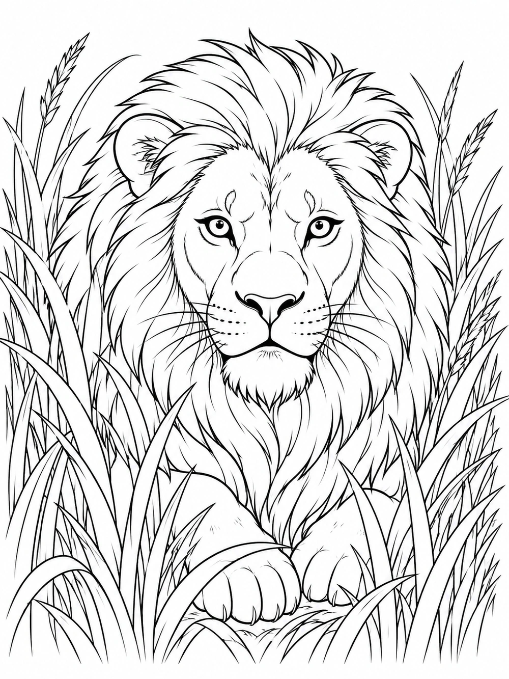 Adult lion with a full mane and front paws visible among tall savanna grass.