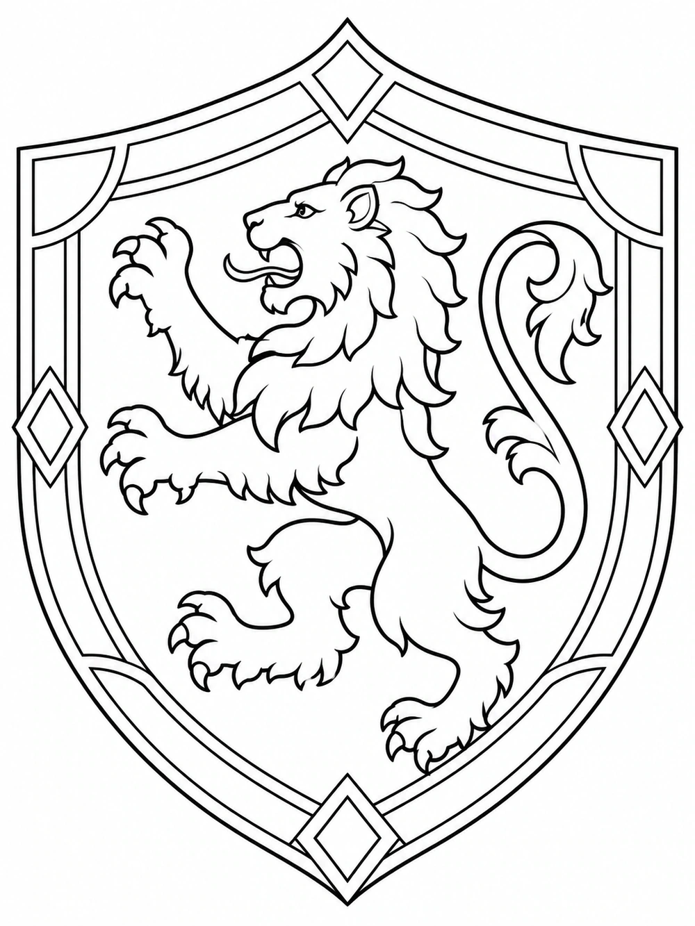 Decorative shield with an outlined heraldic lion emblem and broad geometric edge panels