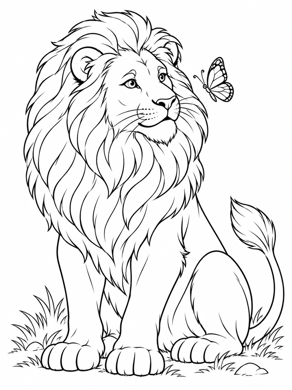 Seated lion with a flowing mane watching a butterfly, drawn in black outlines with grass around its paws.