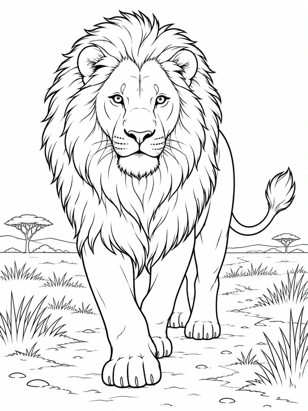 Full-body lion walking toward the viewer on a savanna trail, with a sweeping tail, grasses, and distant acacia trees