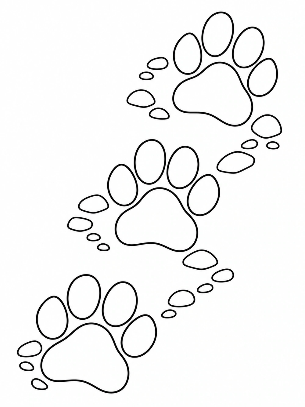 Three outlined paw prints with four rounded toe pads and one broad central pad each, winding among small outlined pebbles.