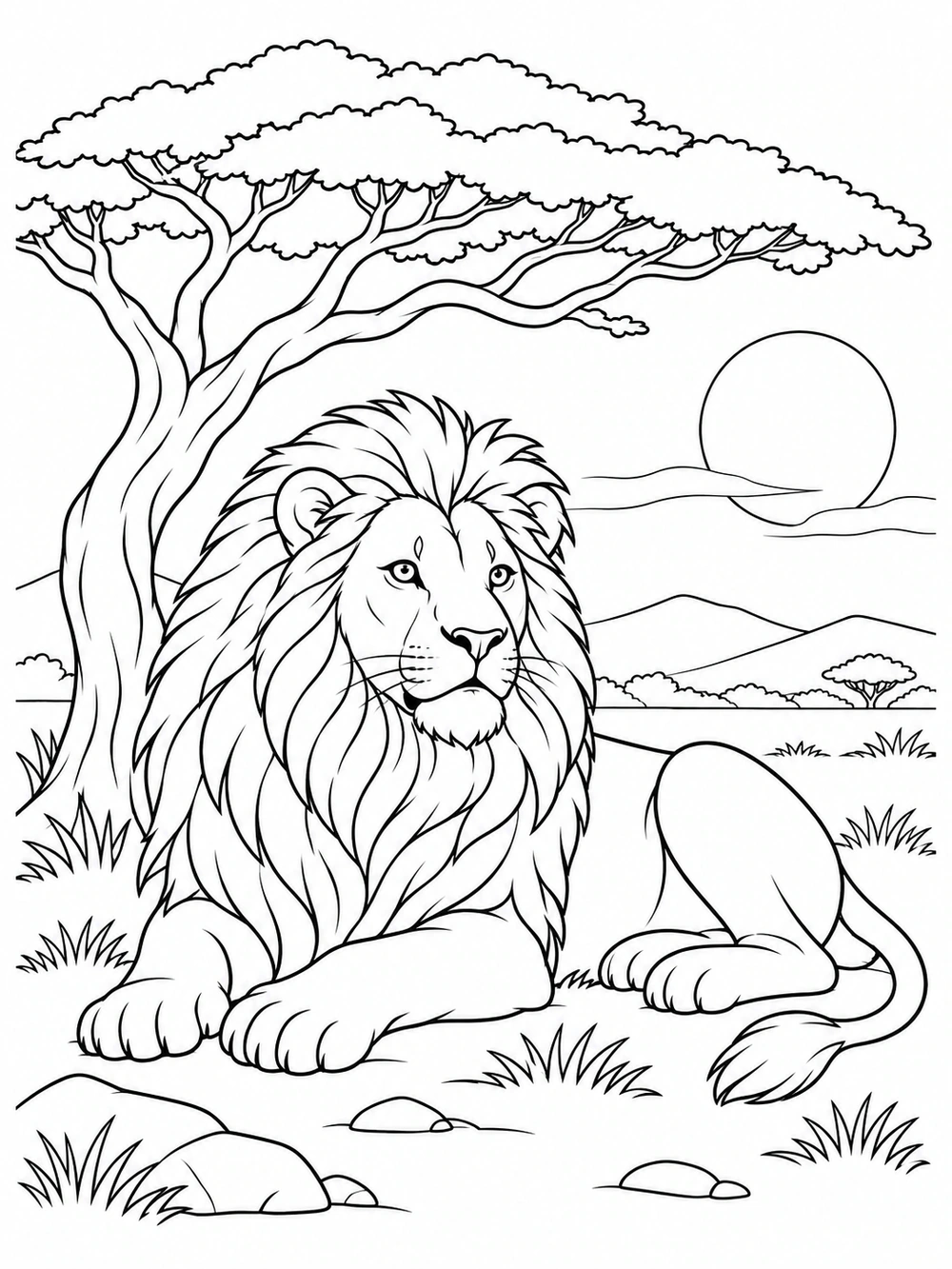 Black outline coloring page of a reclining lion beneath a broad acacia tree, with a distant sun, hills, grasses, and scattered rocks.