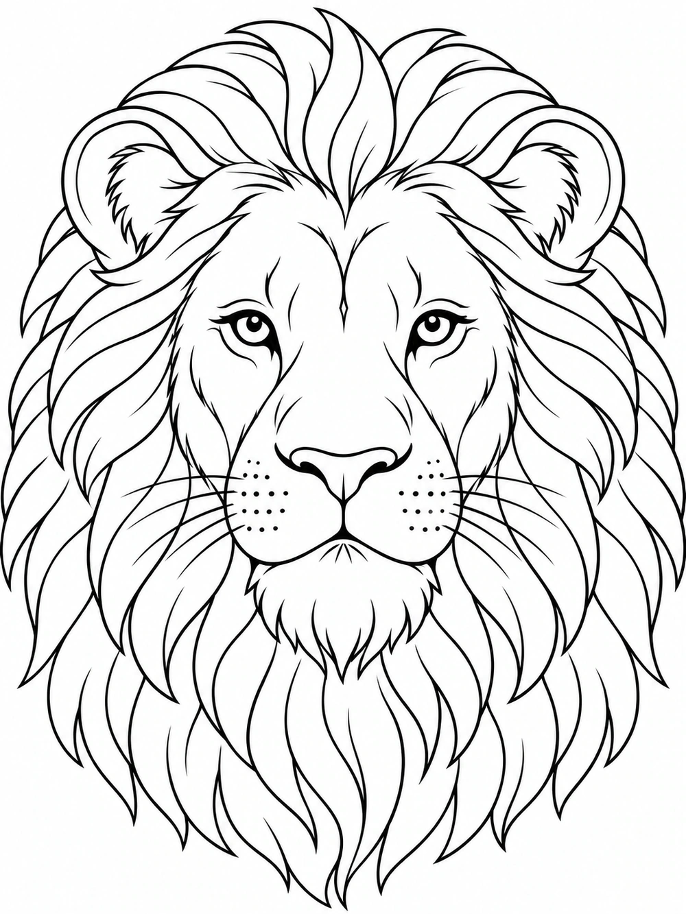 Symmetrical lion face with clear eyes, rounded muzzle, and broad flowing mane sections in black line art.