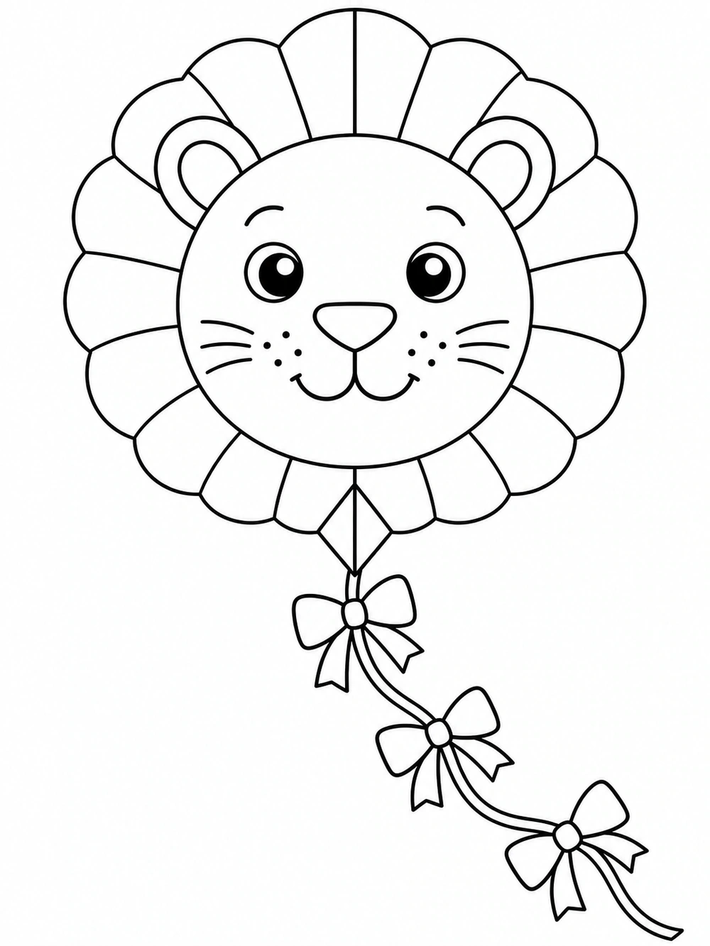 Outlined decorative kite with a lion face, scalloped mane and three ribbon bows along its curved string.