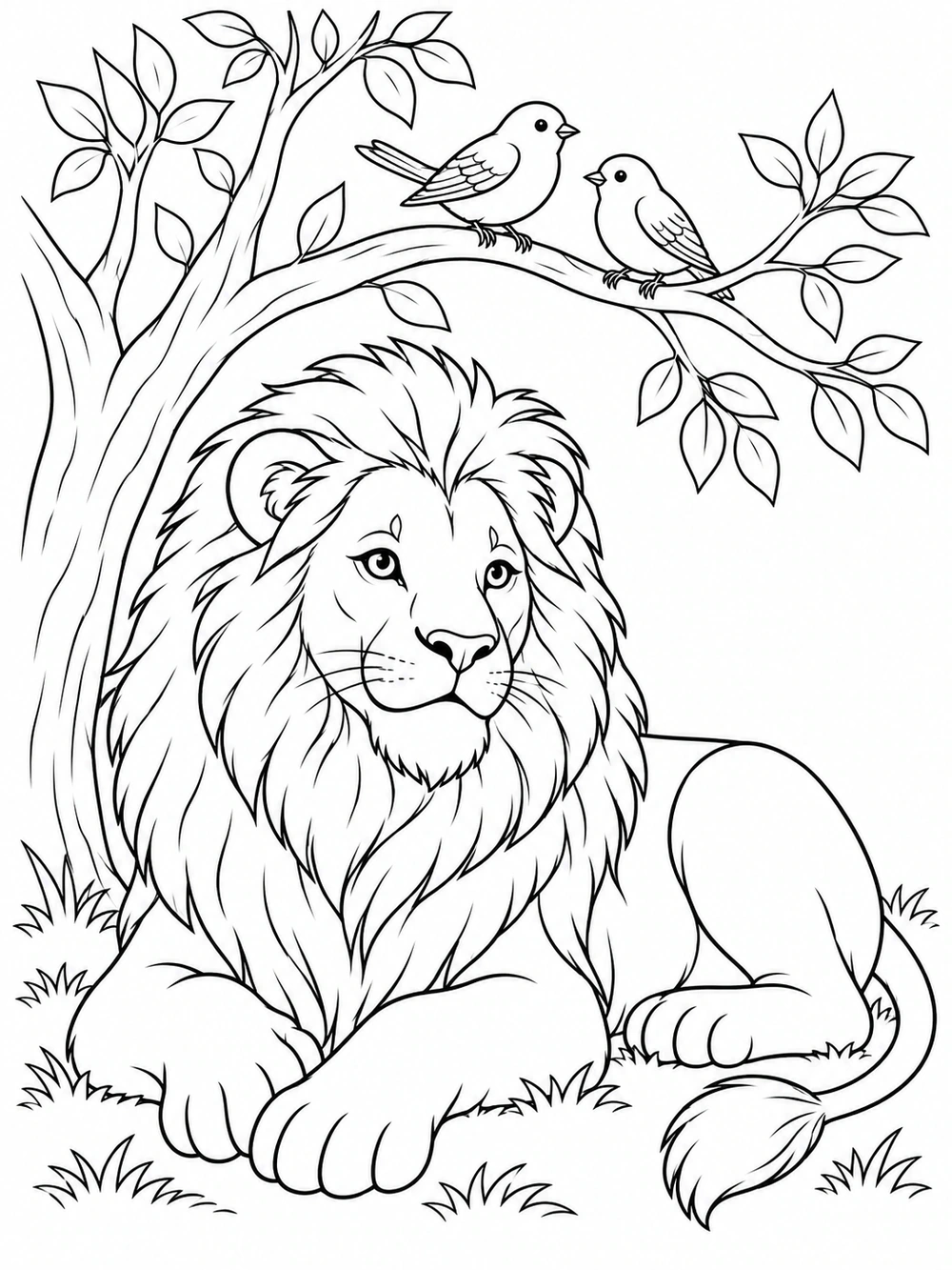 A reclining lion beneath a tree branch with two perched birds
