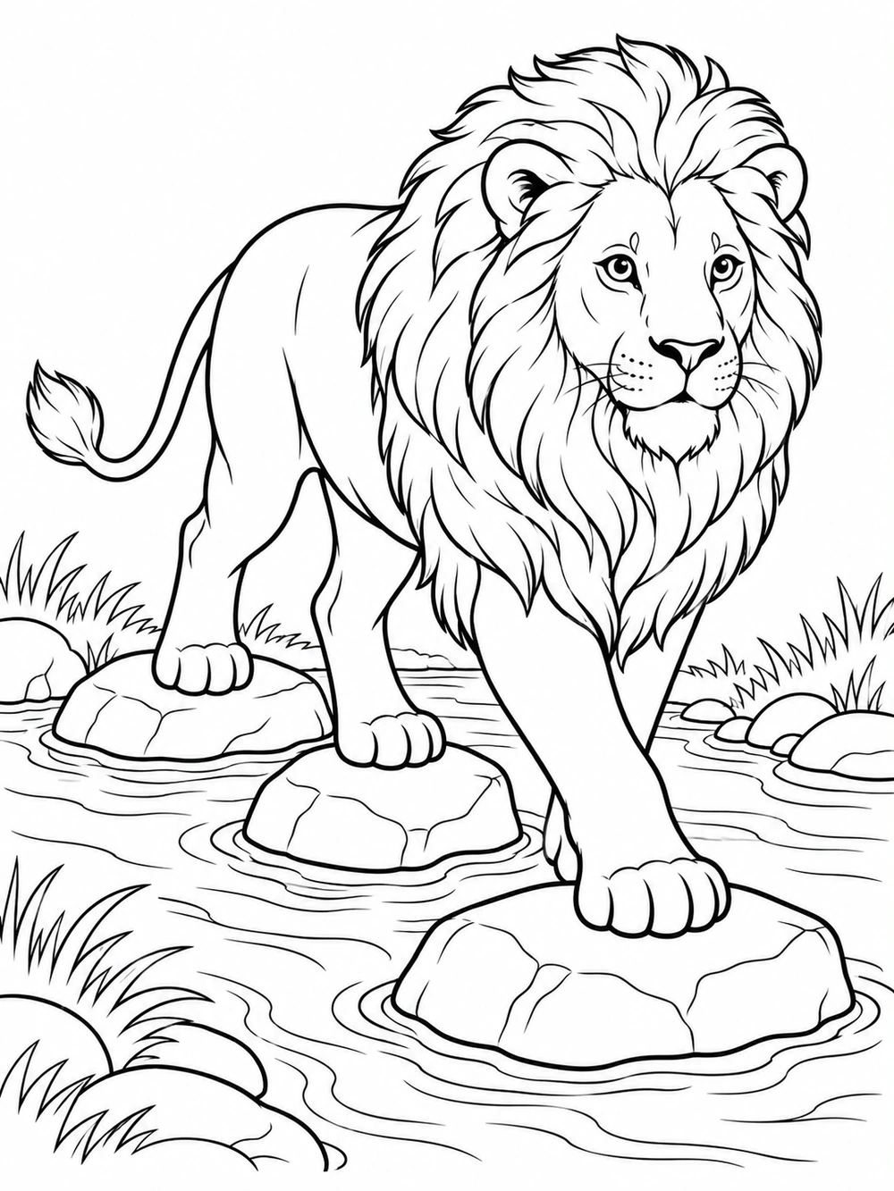 Full-body lion stepping across three stones in a shallow stream, with flowing water lines and bankside grass.