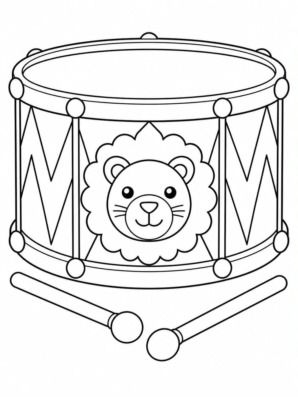 Outlined decorative toy drum with a scalloped lion-face emblem and two drumsticks