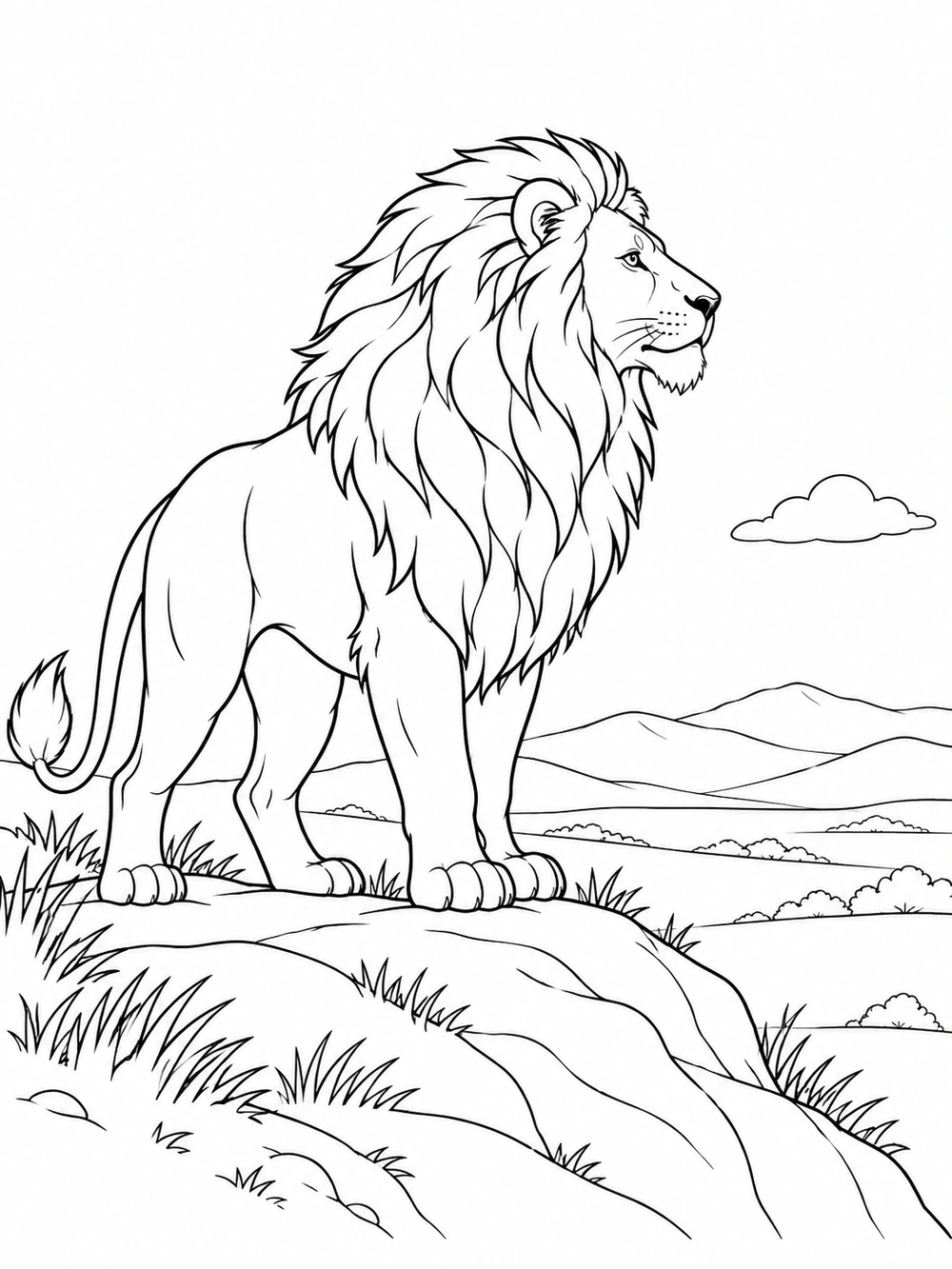 Standing lion surveying distant hills beneath a small cloud