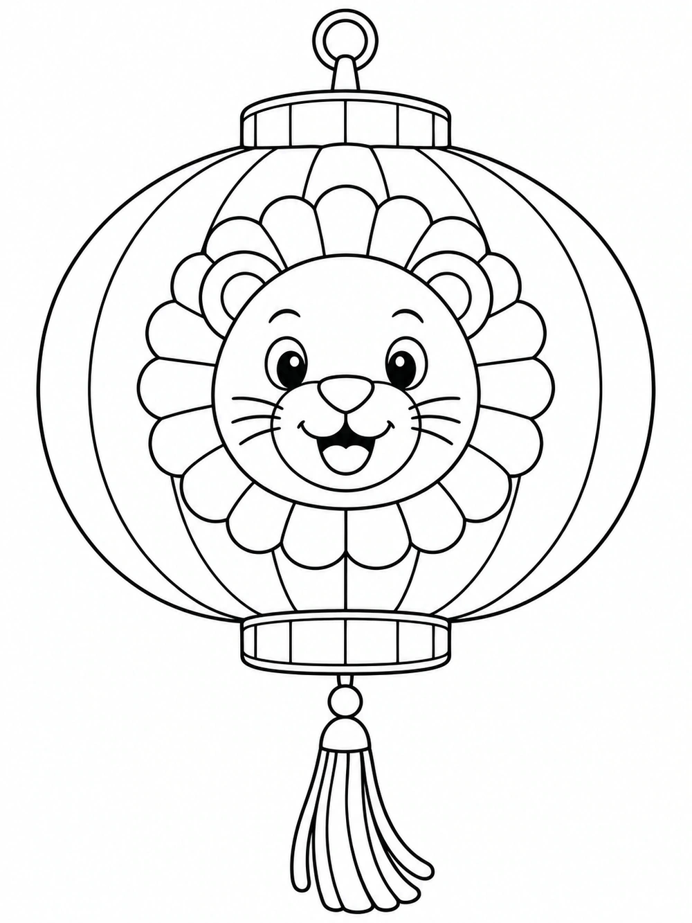 Black outline of a round hanging paper lantern with curved panels, a smiling lion face, top loop, and flowing tassel.