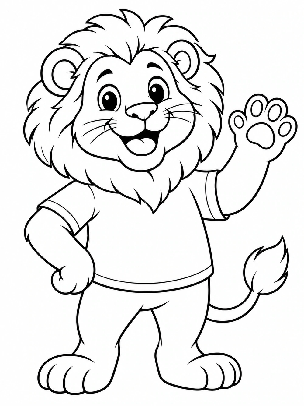 Smiling cartoon lion standing in a shirt, waving one paw with its tail and feet visible.
