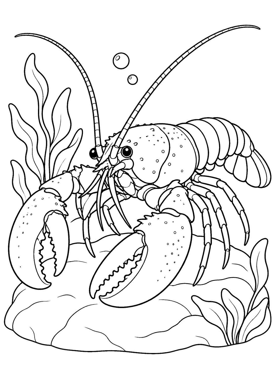 Printable lobster coloring page showing a large-clawed lobster with long antennae, a segmented tail, seaweed, bubbles, and a broad tide-pool rock.