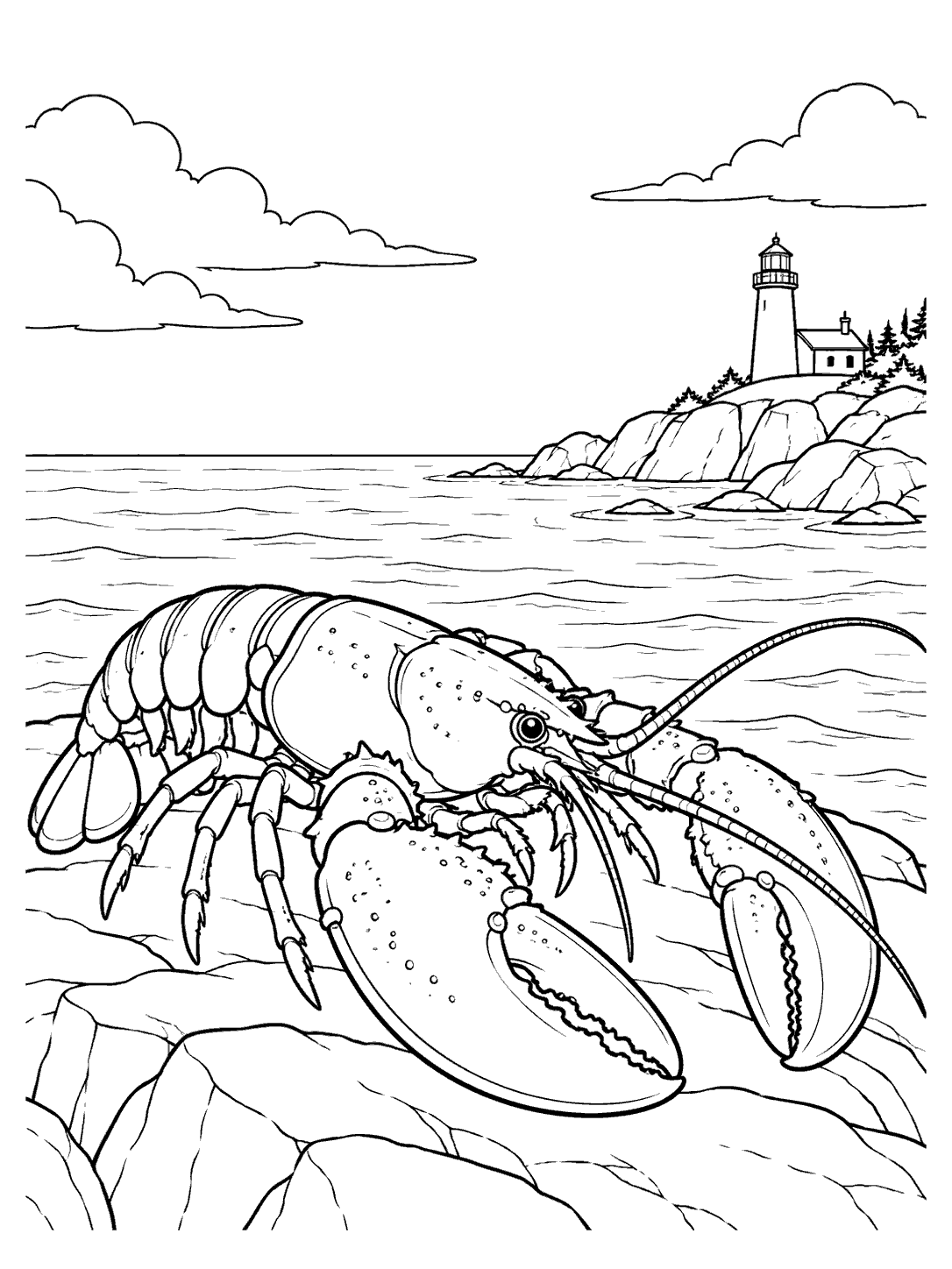 Lobster on a shore rock with a lighthouse coloring page
