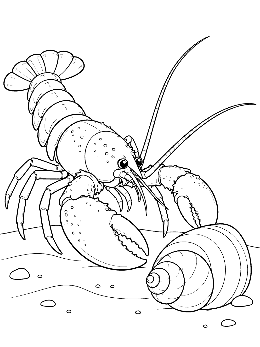 Black and white coloring page showing a lobster with clear claws, antennae, segmented tail, and walking legs beside a large spiral seashell.