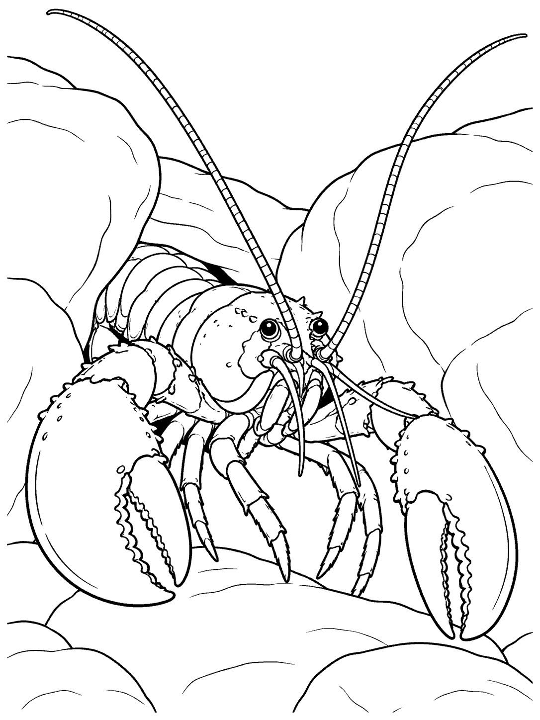 Black-and-white lobster coloring page showing a lobster emerging from a rocky crevice, with raised claws, antennae, and front legs visible.