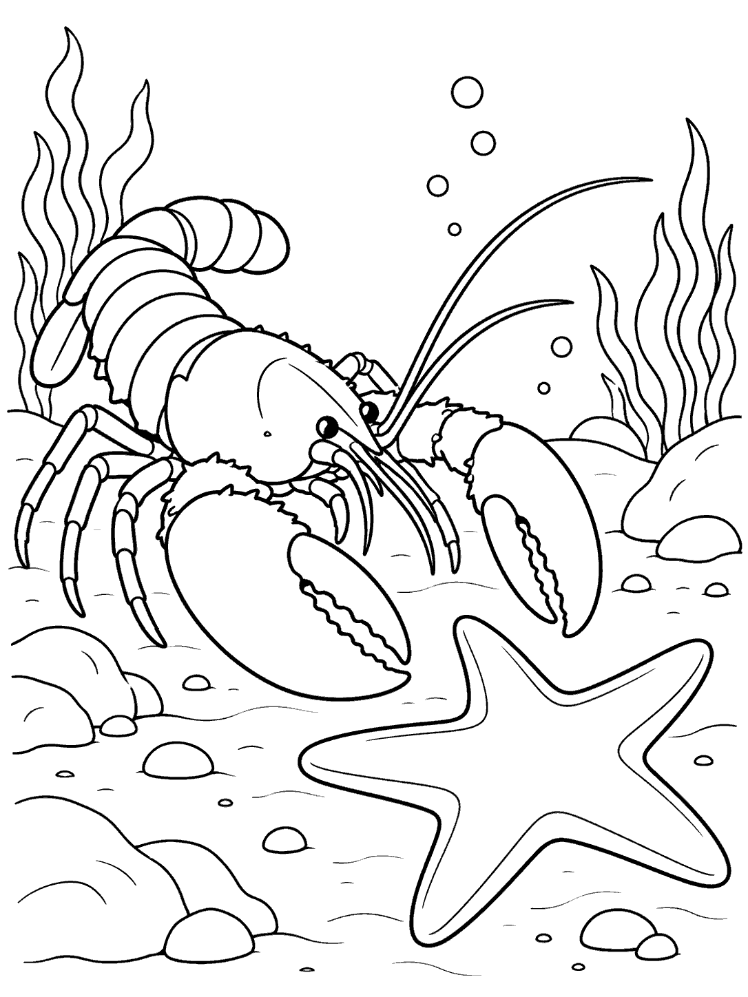 Lobster beside a five-armed starfish coloring page