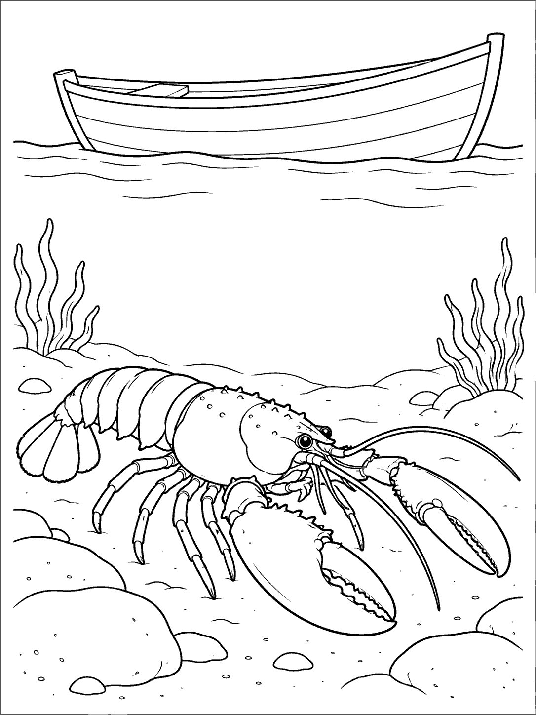 Black and white lobster coloring page showing a large lobster on the seafloor beneath a rowboat floating above the waterline.
