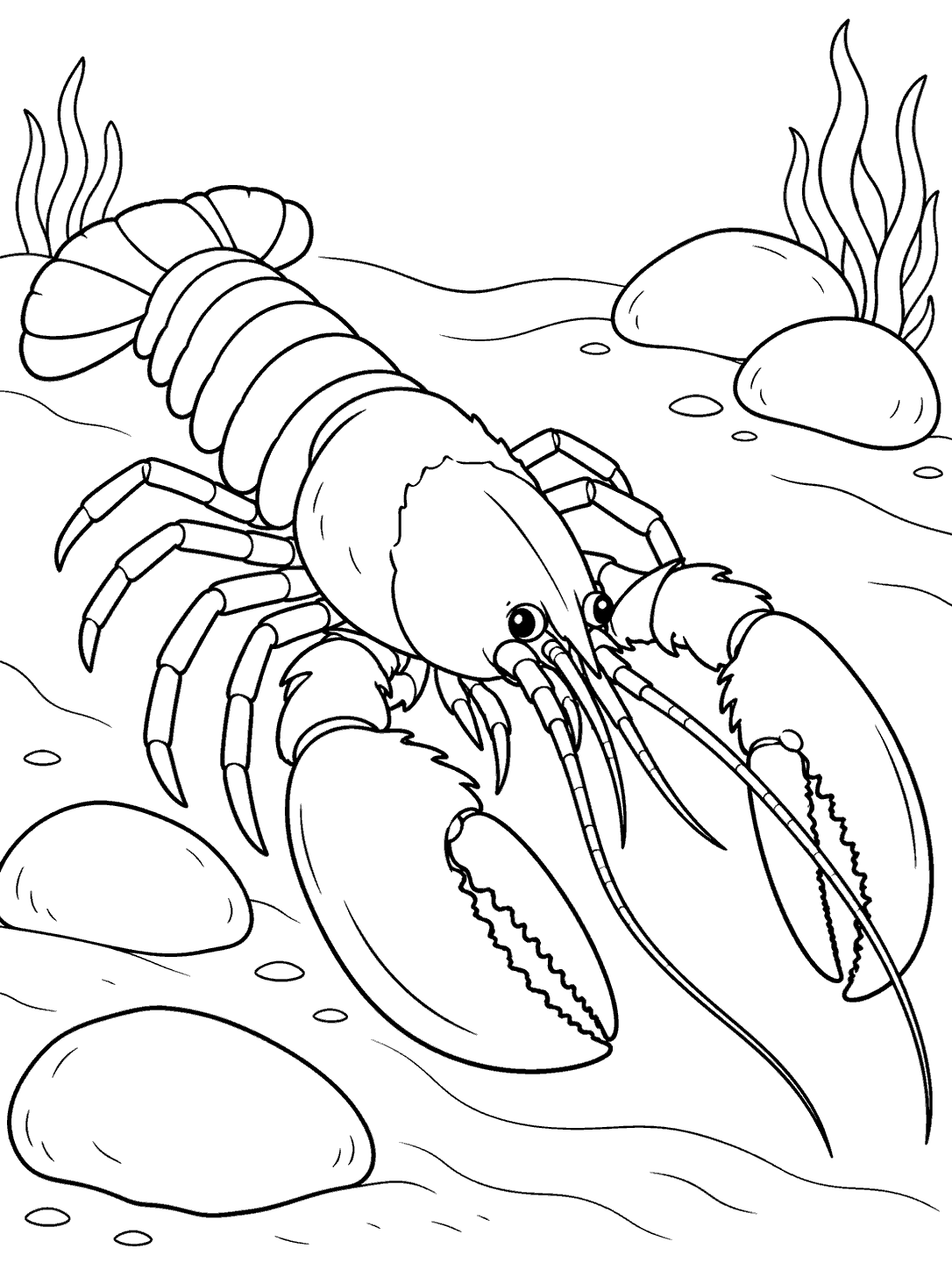 Black and white coloring page showing a lobster moving diagonally across a pebble-strewn seabed, with its claws, antennae, segmented tail, and legs outlined.