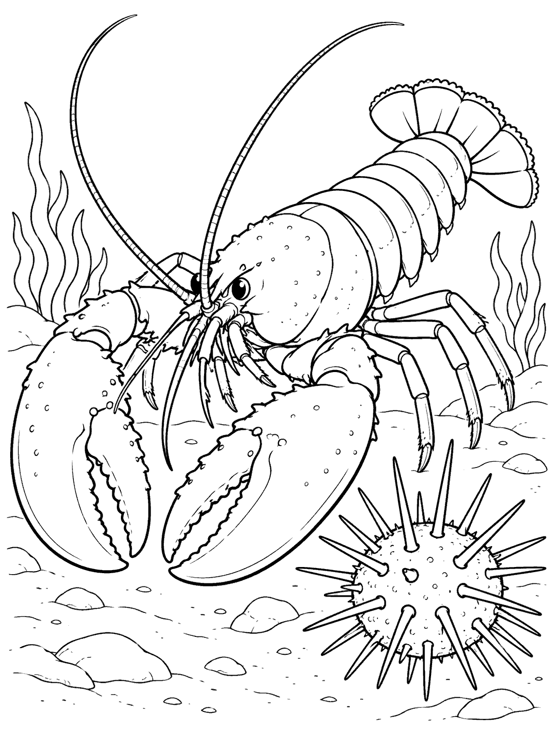 Lobster beside a sea urchin coloring page