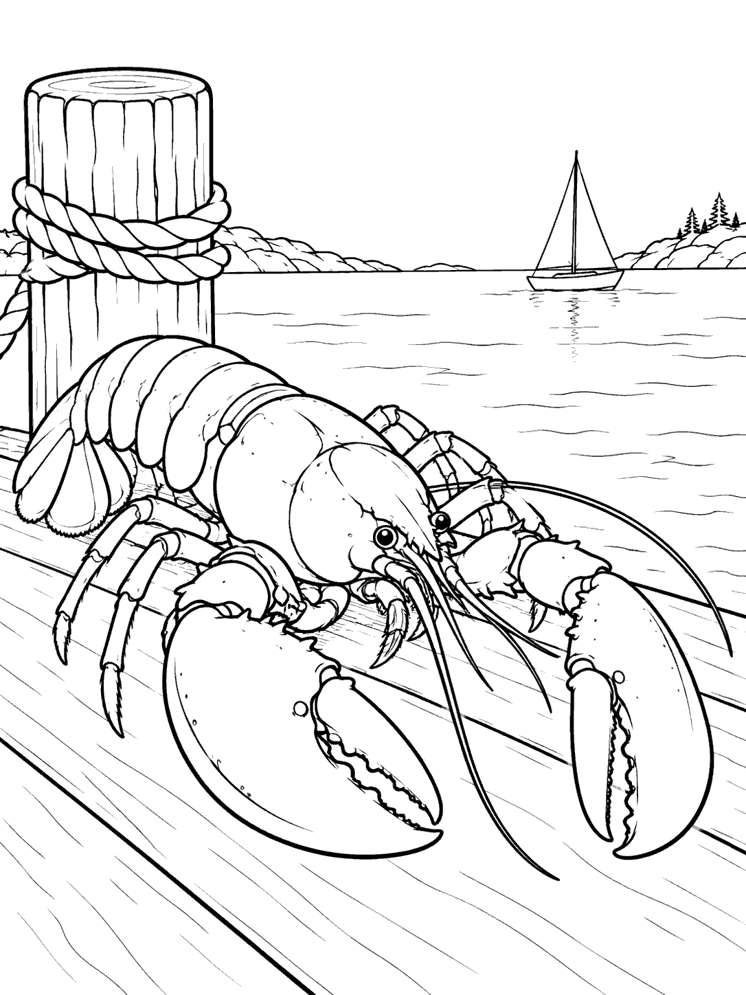Black-and-white lobster coloring page showing a large lobster beside a harbor mooring post and a distant sailboat.