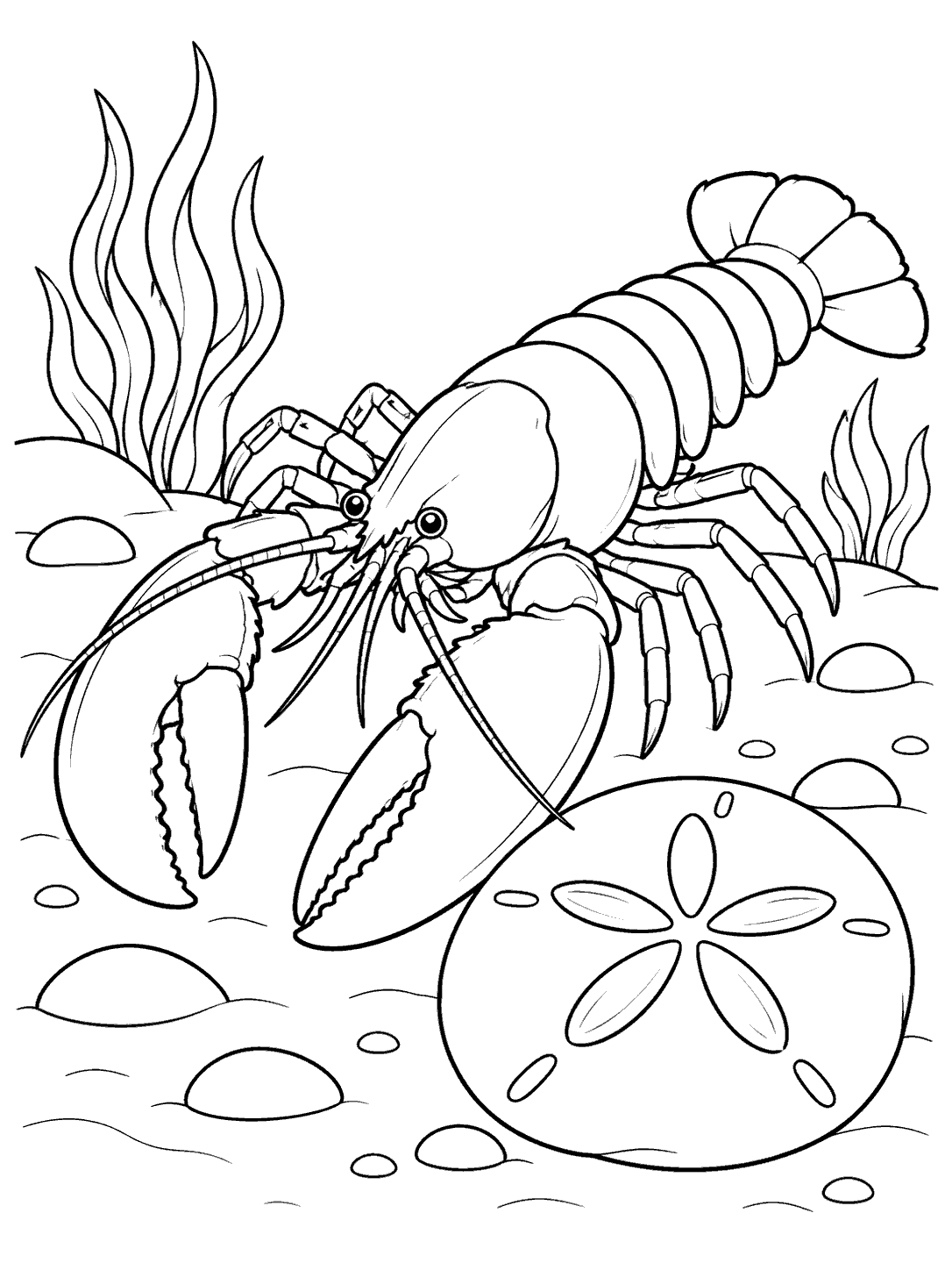 Black-outline lobster beside a five-petal sand dollar on the seabed, arranged as a coloring page.