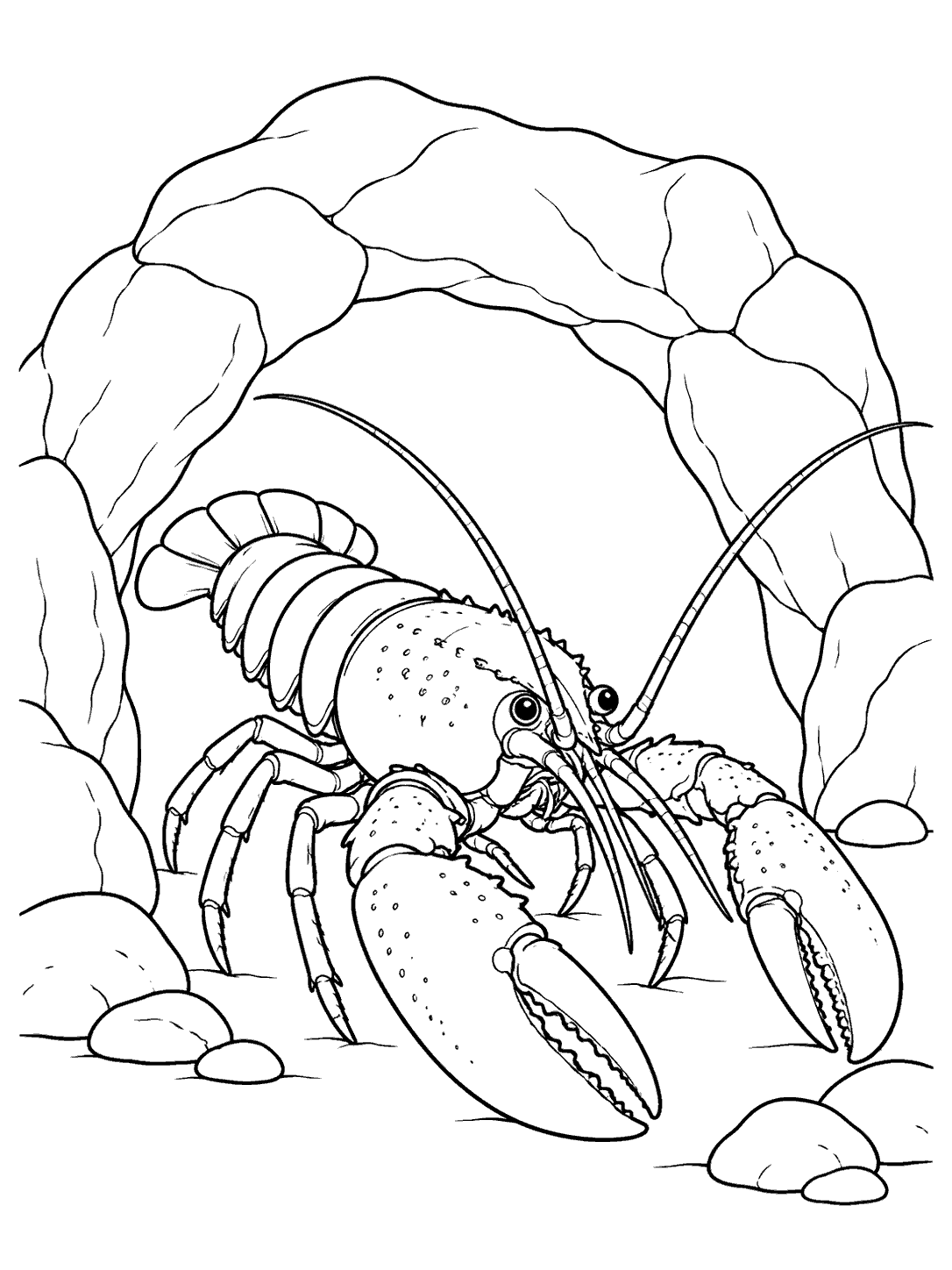 Lobster walking through an underwater rock arch coloring page