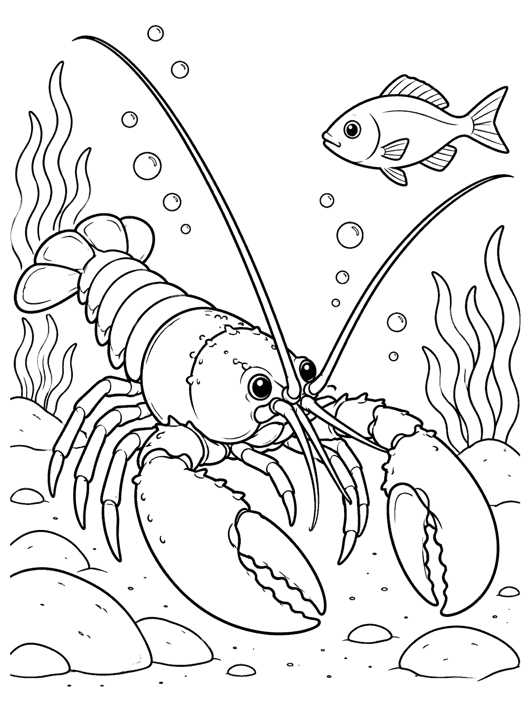 Lobster and small fish underwater coloring page