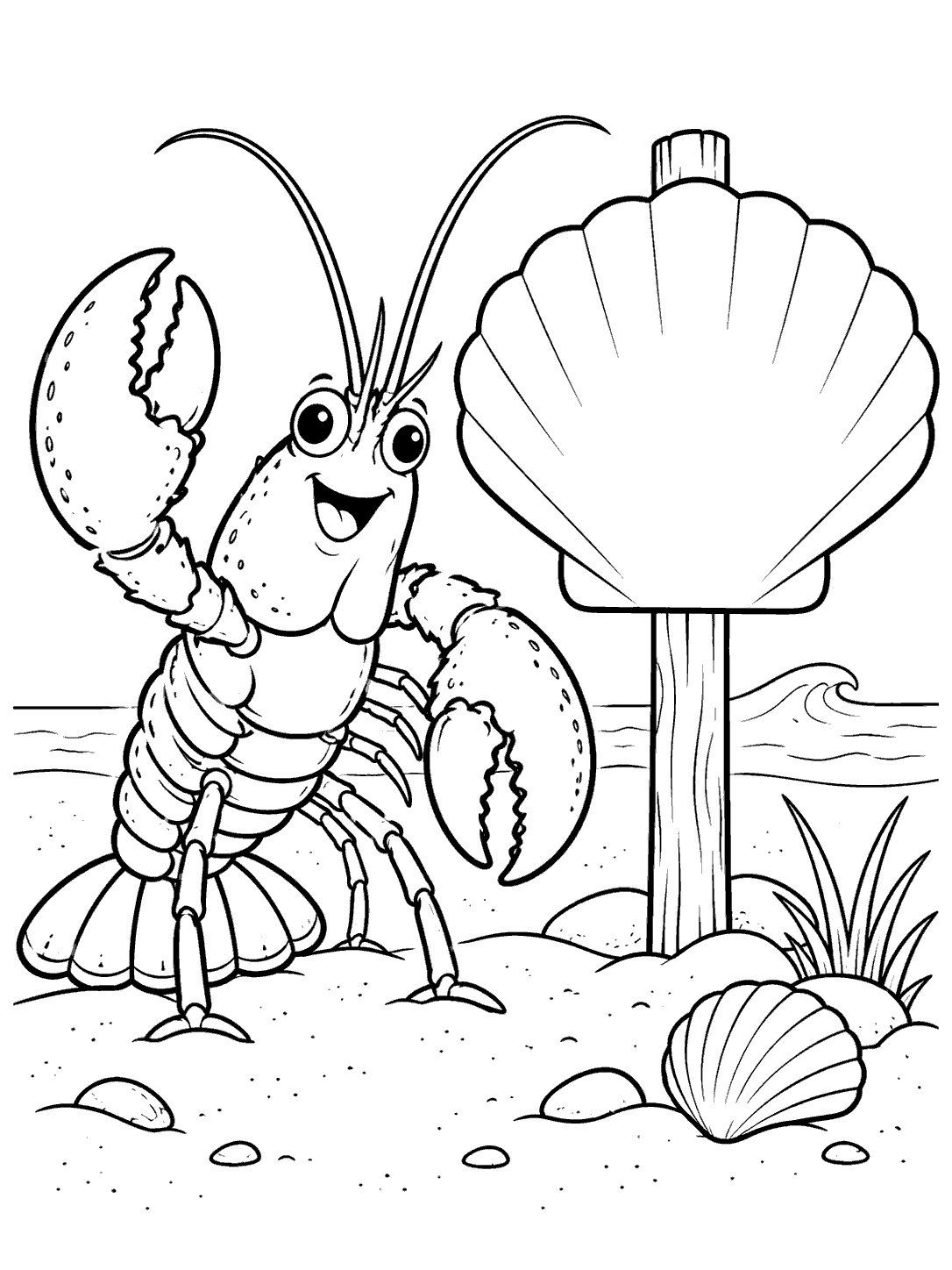 Smiling lobster beside a blank shell-shaped sign, with a wave line and shore details, in a black-and-white coloring page.