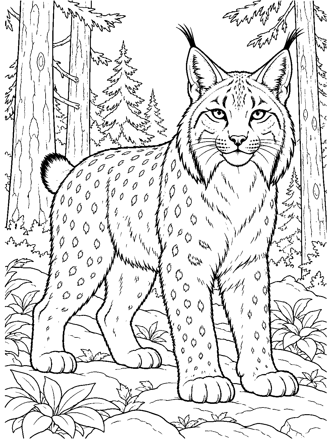 Black-outline coloring page of a spotted lynx standing in a pine forest, with tufted ears, cheek ruffs, a short tail, and large paws.