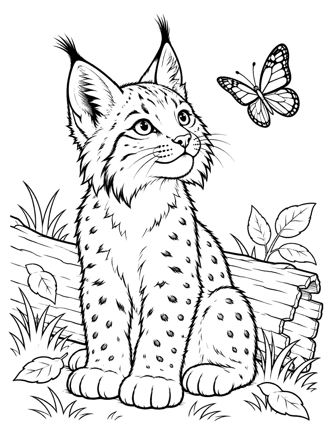 Black-and-white coloring page of a tuft-eared lynx cub sitting beside a fallen log and looking at a butterfly.
