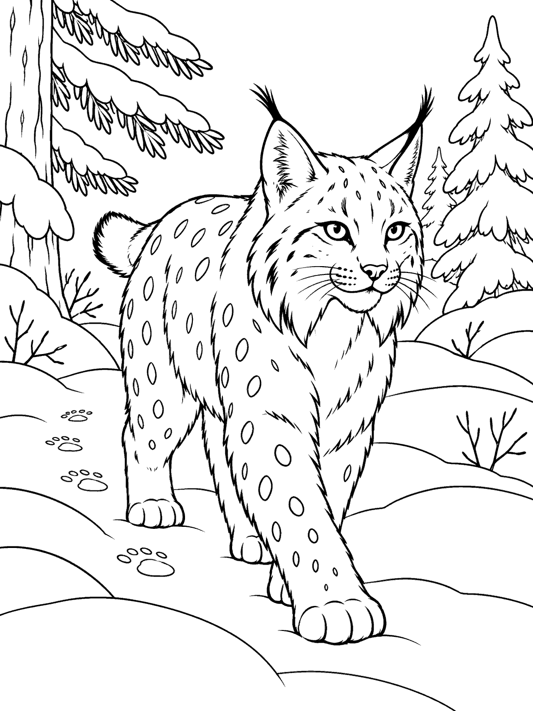A spotted lynx walking among snowy banks and evergreen branches, with paw prints in the snow.