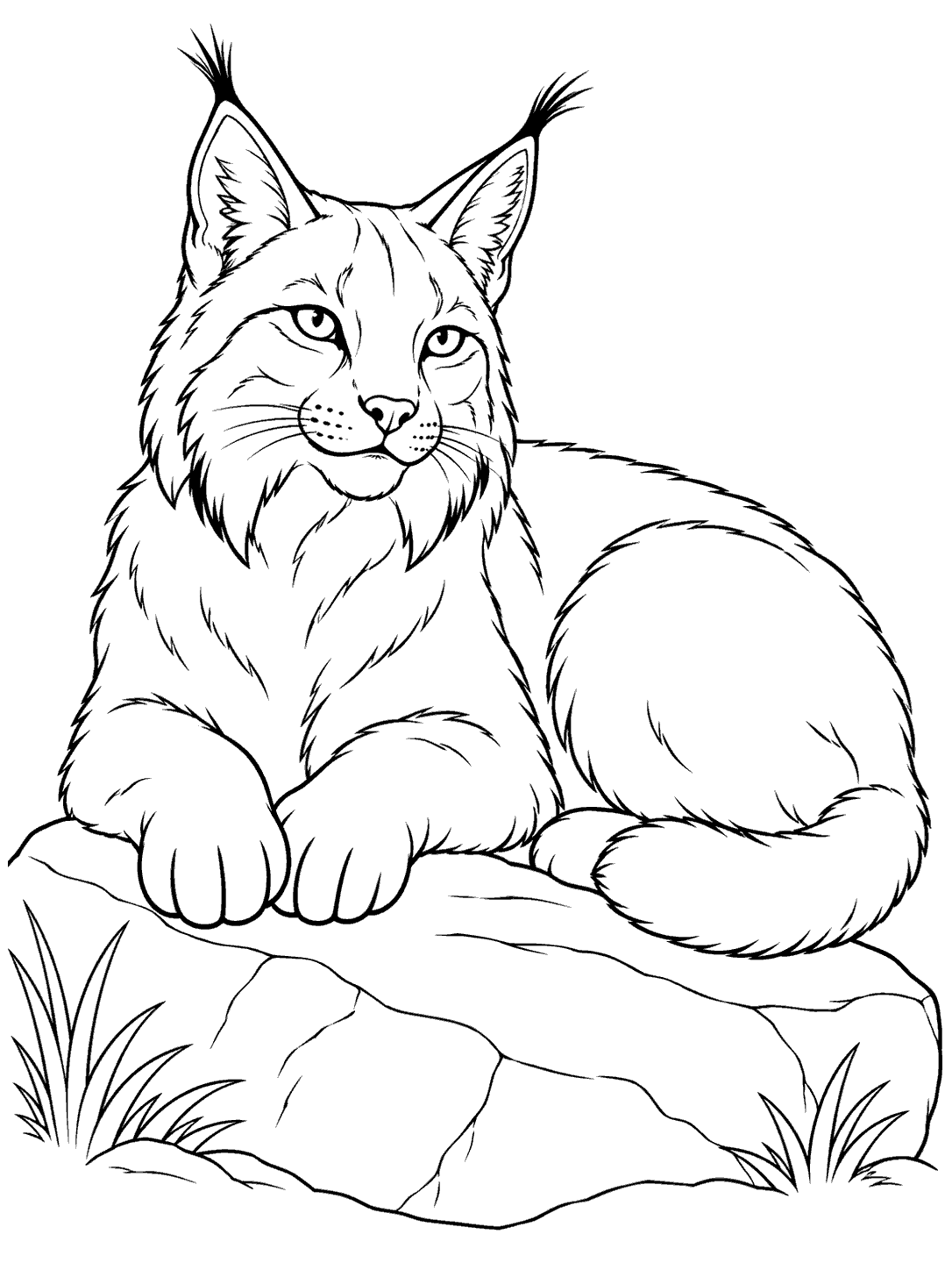 Black-and-white line art of a curled lynx resting on a rock, with grass clumps at either side.