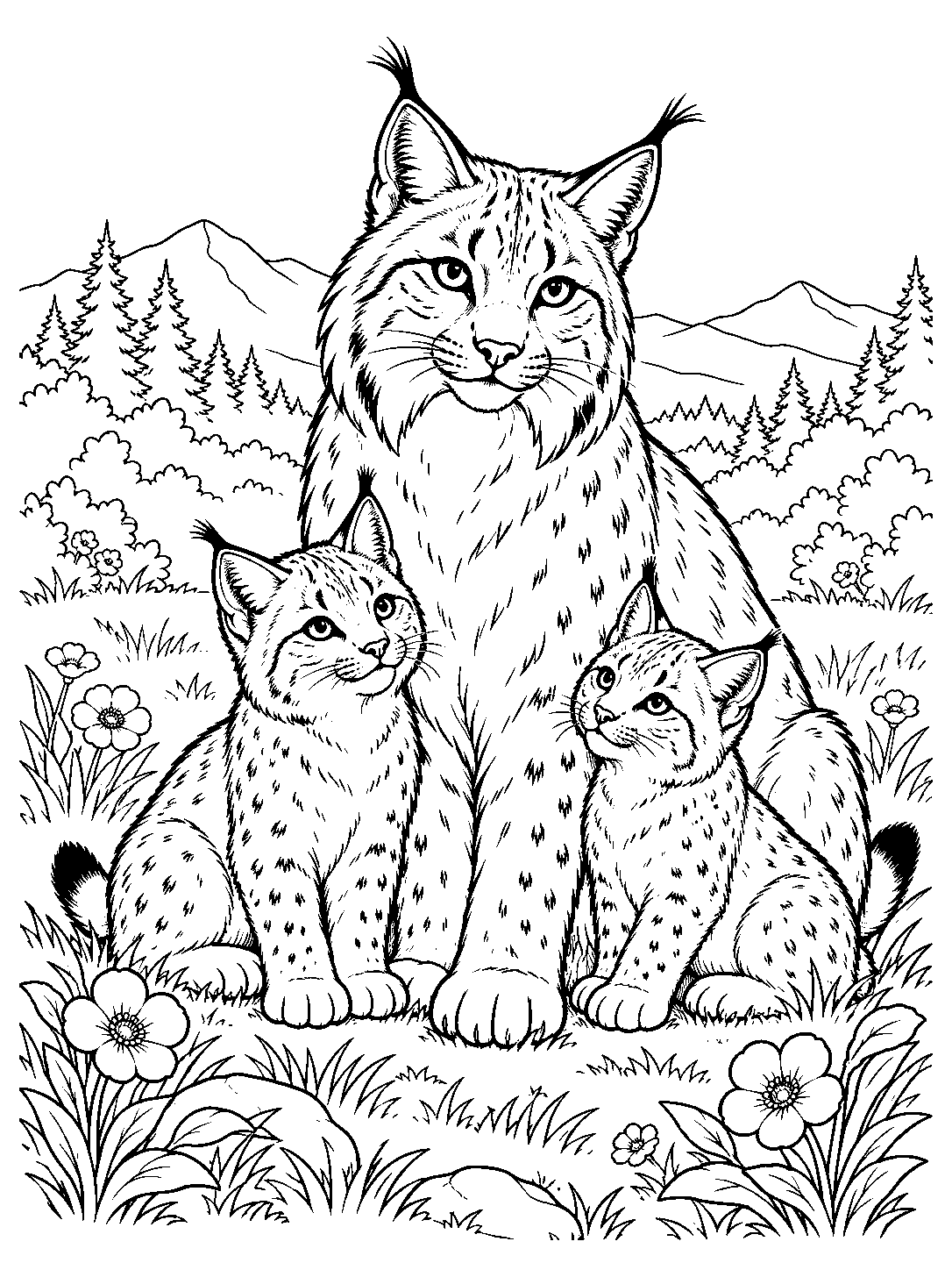 A tuft-eared adult lynx sits protectively between two cubs in a flowered meadow.