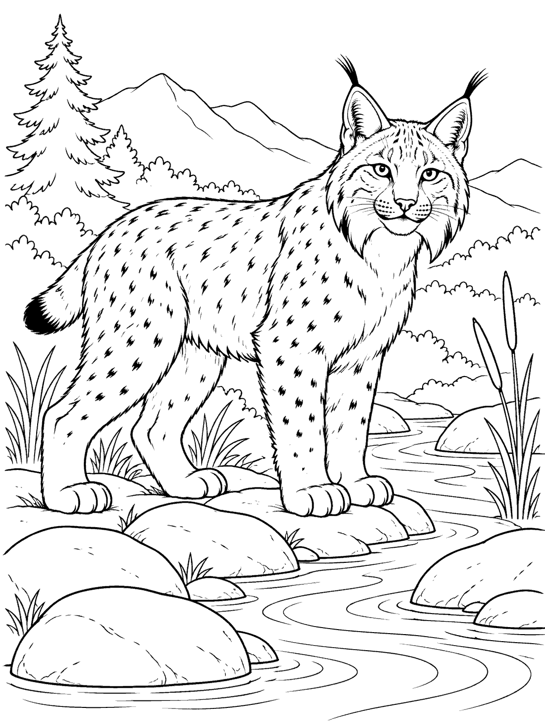Black-and-white line art of a lynx standing beside a stream with rounded stones, reeds, trees, and distant mountains.